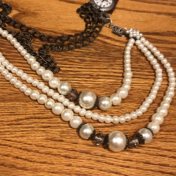 Vintage Plunder 19” leather clock pearls silver/ bronze steampunk boho necklace - Picture 5 of 5